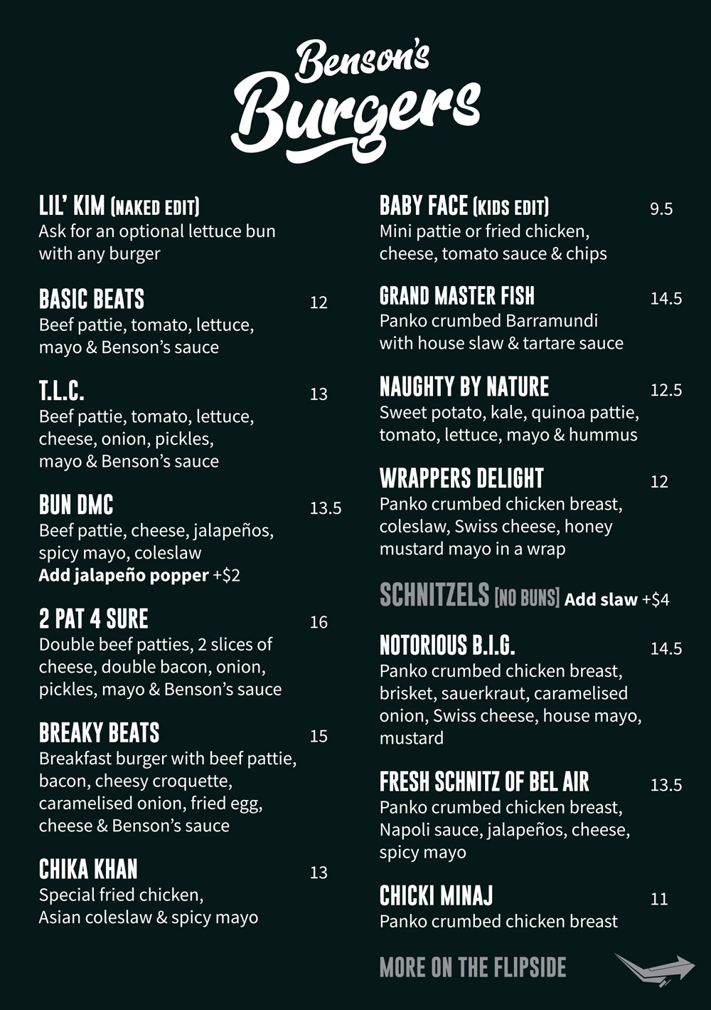 Bensons Burgers Menu