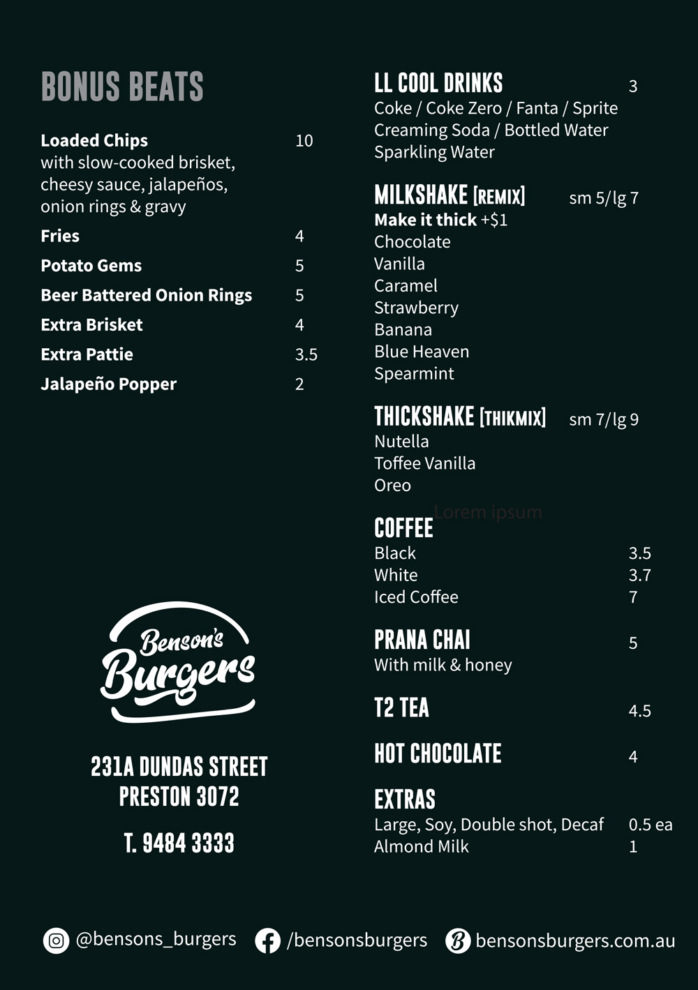 Bensons Burgers Menu